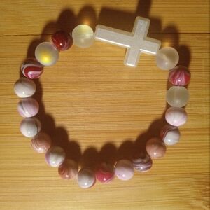 Pink and White Beaded Bracelet with Cross